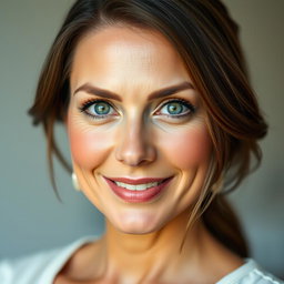 A beautiful 45-year-old woman with striking green eyes, exuding elegance and confidence