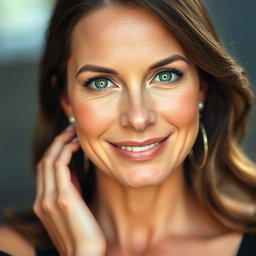 A beautiful 45-year-old woman with striking green eyes, exuding elegance and confidence