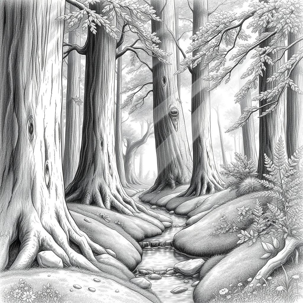 A beautiful drawing in black and white depicting an enchanting forest scene