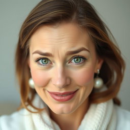 A beautiful 45-year-old woman with enchanting green eyes, showcasing an expression of shyness or embarrassment