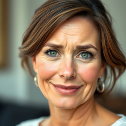 A beautiful 45-year-old woman with enchanting green eyes, showcasing an expression of shyness or embarrassment