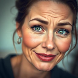 A beautiful 45-year-old woman with enchanting green eyes, showcasing an expression of shyness or embarrassment