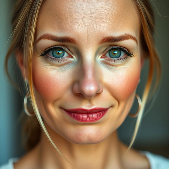 A beautiful 45-year-old woman with enchanting green eyes, showcasing an expression of shyness or embarrassment