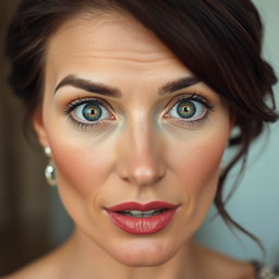 A beautiful 45-year-old woman with striking green eyes, displaying an expression of surprise
