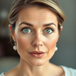 A beautiful 45-year-old woman with striking green eyes, displaying an expression of surprise