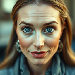 A beautiful 45-year-old woman with striking green eyes, displaying an expression of surprise