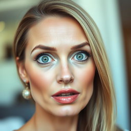 A beautiful 45-year-old woman with striking green eyes, displaying an expression of surprise