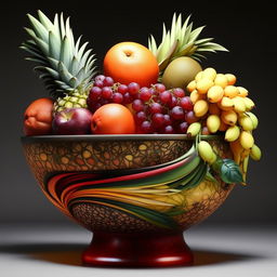 An ultra detailed, artistic, avant-garde arrangement of a fruit bowl.