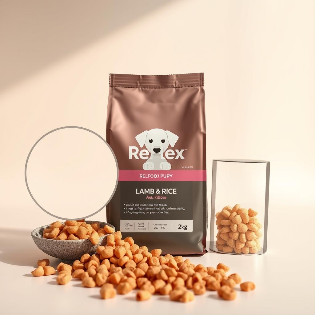 A high-quality, realistic image featuring the Reflex Puppy Food package with the 'Lamb & Rice' flavor, centrally positioned
