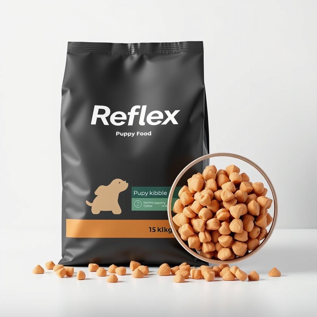 A high-quality, realistic image of the Reflex Puppy Food package in the 15kg variant, prominently displayed in the center of the image