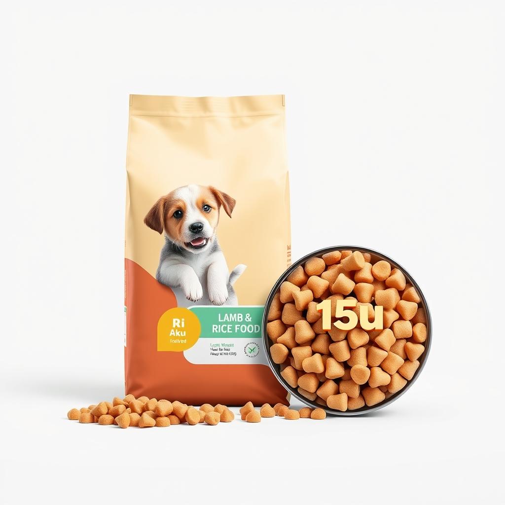 A high-quality, professional product showcase image featuring the Reflex Puppy Food (15kg) in Lamb & Rice flavor