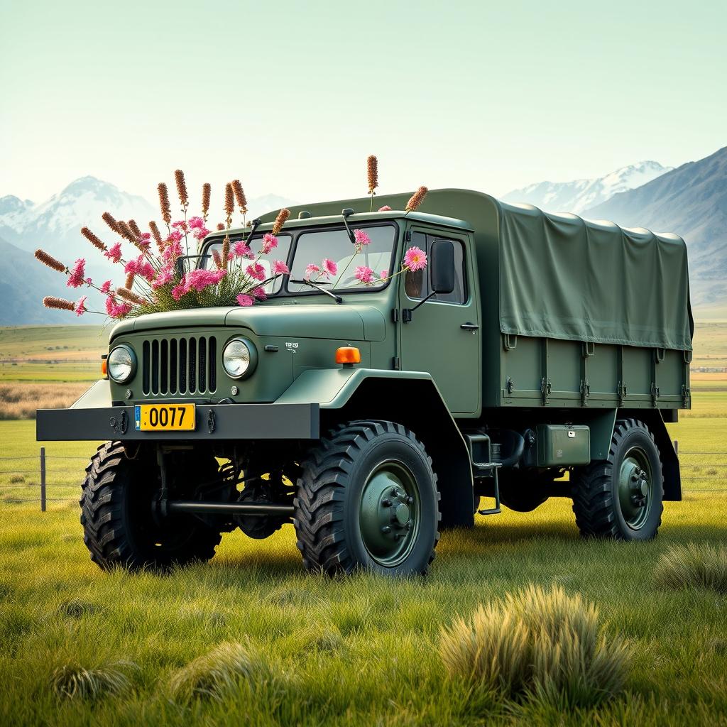 A wide-angle side view of the Czechoslovak Army Praga V3S military three-ton special truck in safari style, featuring a heavy metal matte green finish