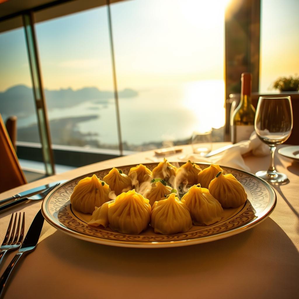 Appetizing khinkali emitting steam, beautifully arranged on a large plate, decorated with intricate patterns, placed on an elegant table in a luxurious restaurant