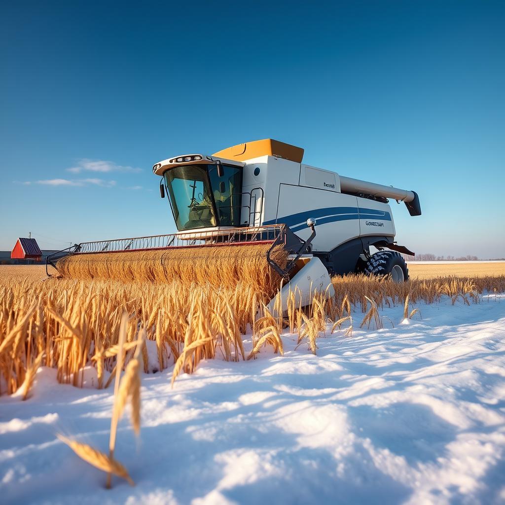 A Gomselmash combine harvester harvesting golden wheat in a snowy field under a bright winter sunny sky