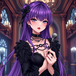 A striking gothic anime girl with long, flowing purple hair, elegantly adorned in a beautifully crafted gothic black dress featuring elaborate black sleeves and detailed chains
