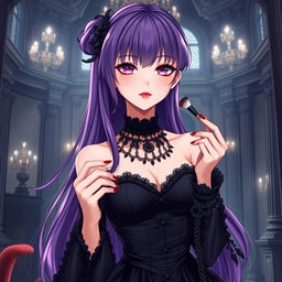 A striking gothic anime girl with long, flowing purple hair, elegantly adorned in a beautifully crafted gothic black dress featuring elaborate black sleeves and detailed chains