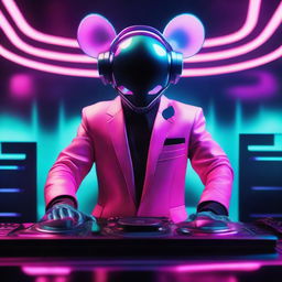 A futuristic DJ figure in a sleek, neon-illuminated suit with a helmet that's reminiscent of but not exactly like Deadmau5's signature mouse head, behind a DJ booth filled with high-tech equipment.