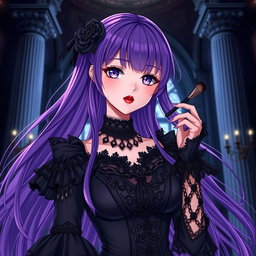 A striking gothic anime girl with long, flowing purple hair, elegantly adorned in a beautifully crafted gothic black dress featuring elaborate black sleeves and detailed chains