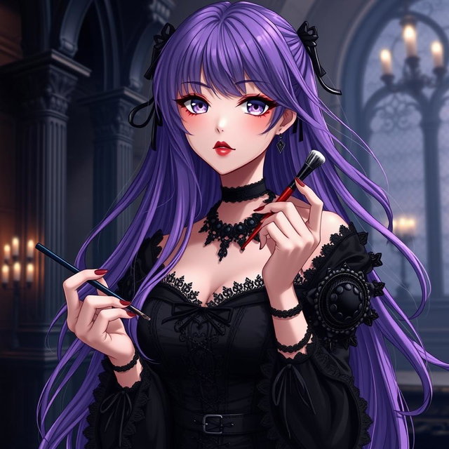 A striking gothic anime girl with long, flowing purple hair, elegantly adorned in a beautifully crafted gothic black dress featuring elaborate black sleeves and detailed chains
