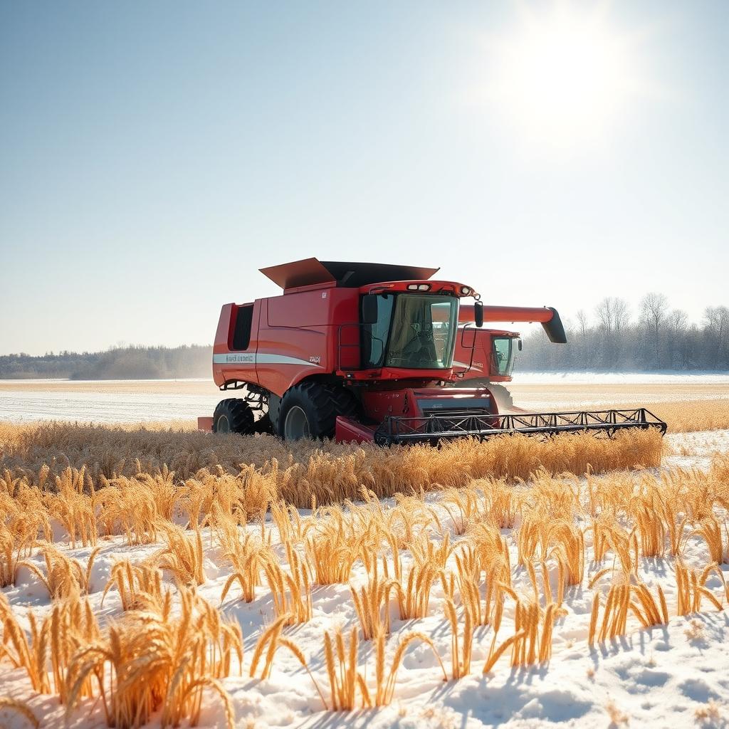 A bright red combine harvester harvesting golden wheat in a snowy field under a clear winter sunny sky