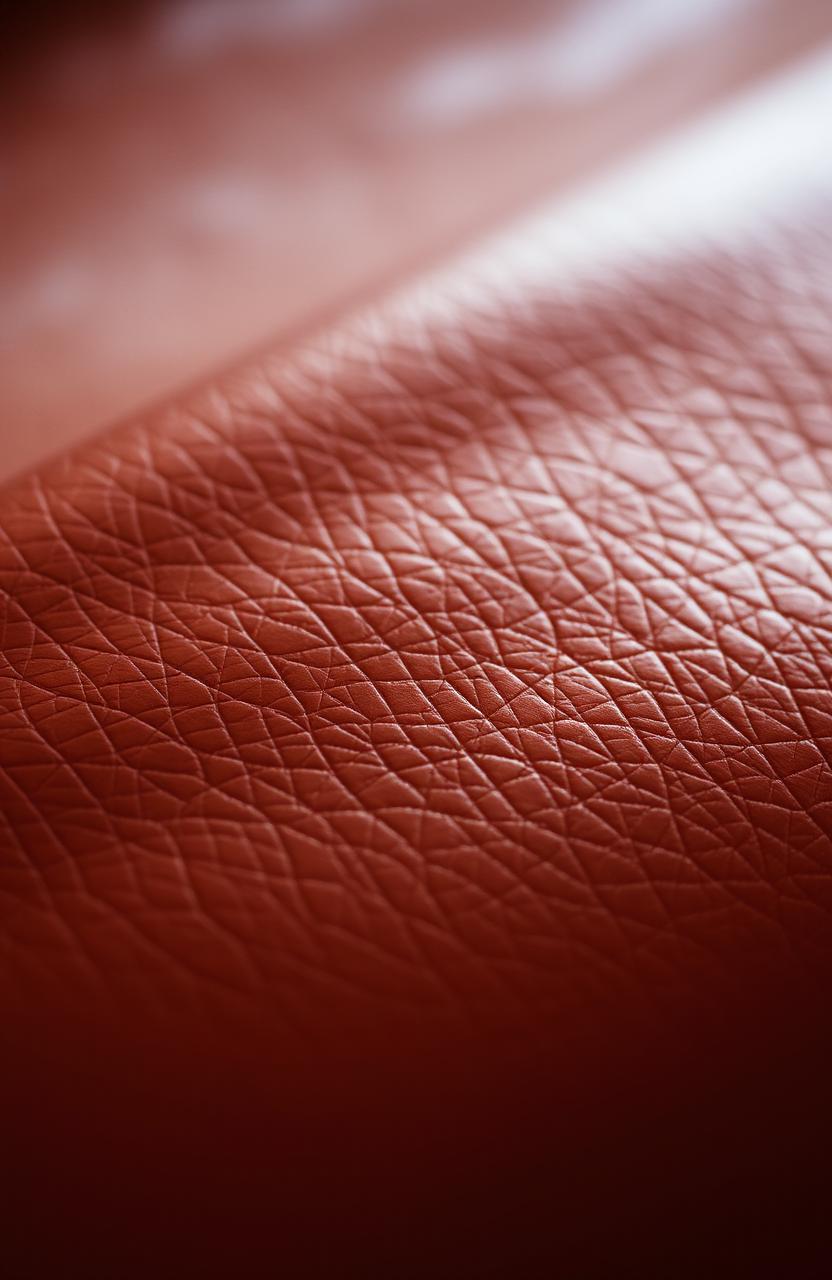 A close-up of a luxurious leather texture, showcasing the intricate details such as natural grain patterns, a deep mahogany color, with soft, supple folds, and subtle sheen reflecting light