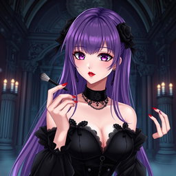 A mesmerizing gothic anime girl with long, flowing purple hair, elegantly dressed in a stunning gothic black dress adorned with beautiful black sleeves and intricate chains