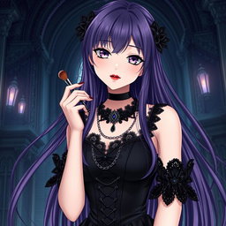 A mesmerizing gothic anime girl with long, flowing purple hair, elegantly dressed in a stunning gothic black dress adorned with beautiful black sleeves and intricate chains