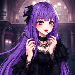 A mesmerizing gothic anime girl with long, flowing purple hair, elegantly dressed in a stunning gothic black dress adorned with beautiful black sleeves and intricate chains