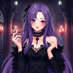 A mesmerizing gothic anime girl with long, flowing purple hair, elegantly dressed in a stunning gothic black dress adorned with beautiful black sleeves and intricate chains