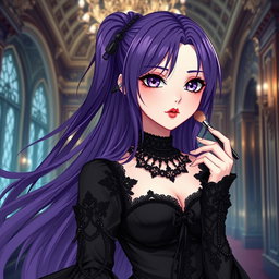A captivating gothic anime girl with long, flowing purple hair, dressed in an exquisite gothic black dress featuring elegant black sleeves and intricate chains