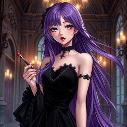 A captivating gothic anime girl with long, flowing purple hair, dressed in an exquisite gothic black dress featuring elegant black sleeves and intricate chains