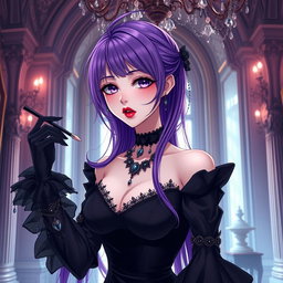 A captivating gothic anime girl with long, flowing purple hair, dressed in an exquisite gothic black dress featuring elegant black sleeves and intricate chains