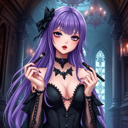 A captivating gothic anime girl with long, flowing purple hair, dressed in an exquisite gothic black dress featuring elegant black sleeves and intricate chains