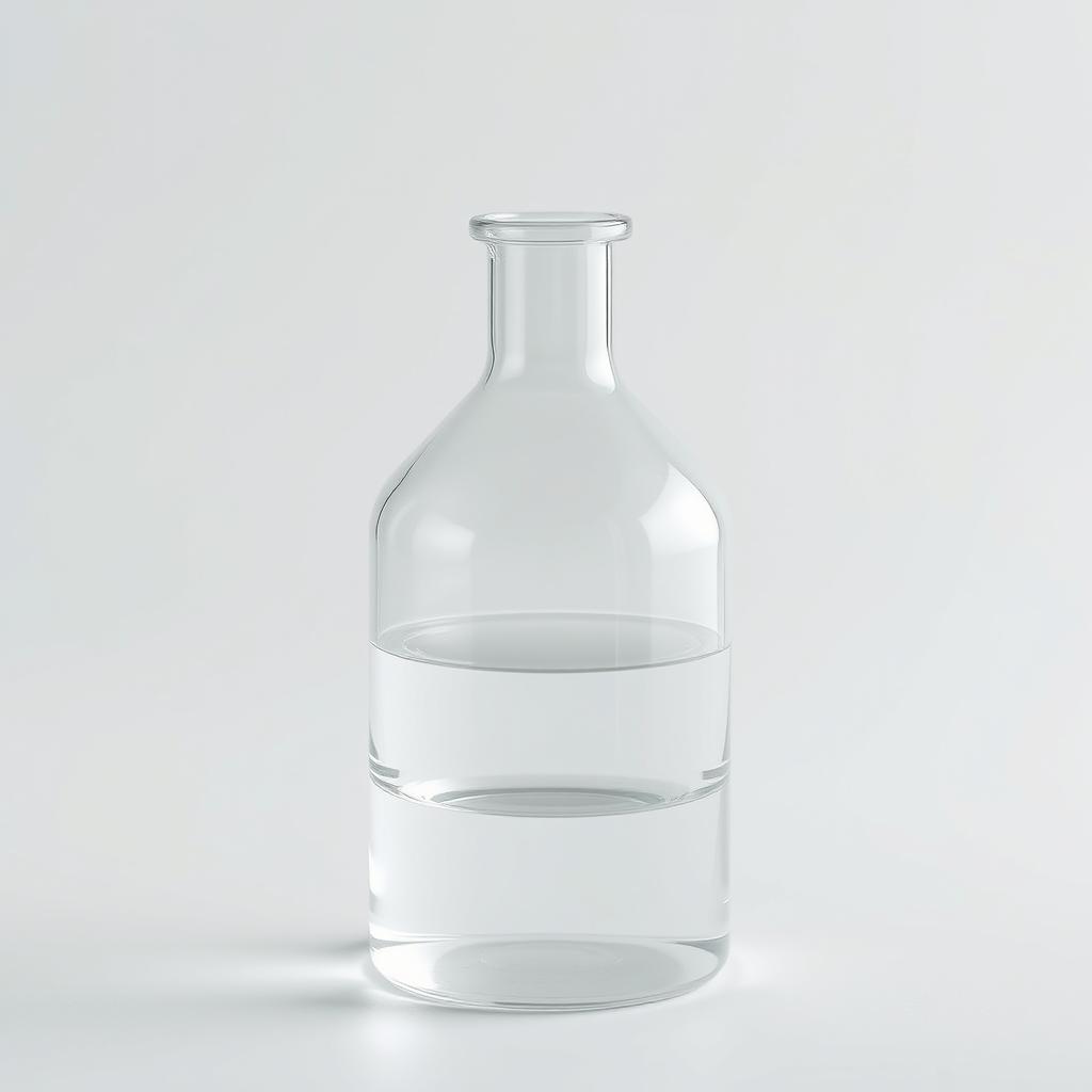 A two-dimensional transparent laboratory bottle, elegantly designed with sleek contours and a smooth surface, reflecting light beautifully