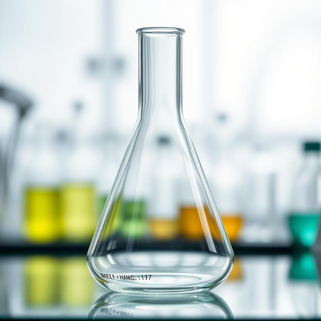 A two-dimensional transparent laboratory flask, elegantly designed with a sleek silhouette, showcasing the glass's clarity and refractive qualities