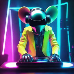 A futuristic DJ figure in a sleek, neon-illuminated suit with a helmet that's reminiscent of but not exactly like Deadmau5's signature mouse head, behind a DJ booth filled with high-tech equipment.