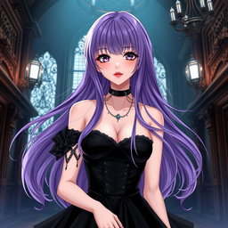 A captivating gothic anime girl with long, flowing purple hair, dressed in a beautiful gothic black dress featuring elegant black sleeves and intricate chains