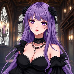 A captivating gothic anime girl with long, flowing purple hair, dressed in a beautiful gothic black dress featuring elegant black sleeves and intricate chains