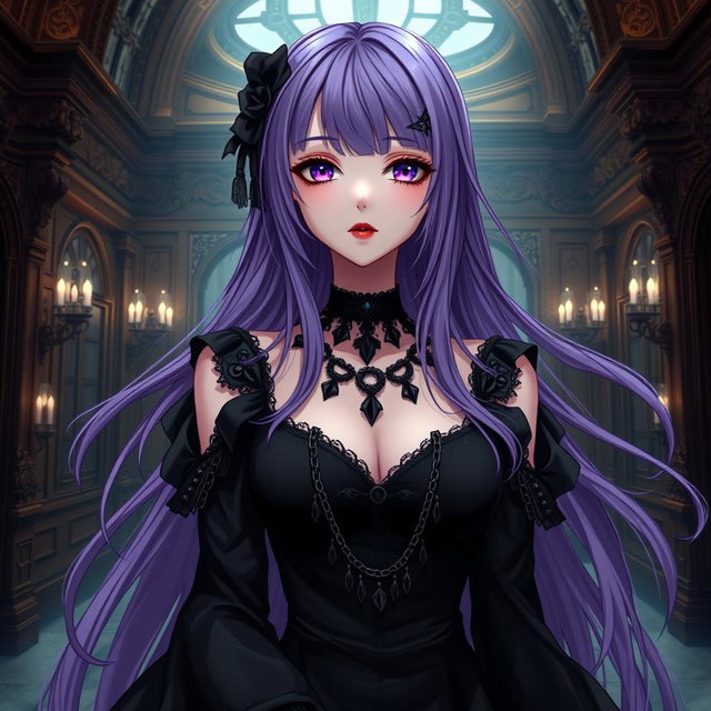 A captivating gothic anime girl with long, flowing purple hair, dressed in a beautiful gothic black dress featuring elegant black sleeves and intricate chains