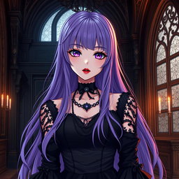 A captivating gothic anime girl with long, flowing purple hair, dressed in a beautiful gothic black dress featuring elegant black sleeves and intricate chains