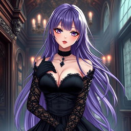 A stunning gothic anime girl with long, flowing purple hair, elegantly attired in a beautiful gothic black dress featuring intricate black sleeves and chains