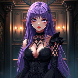 A stunning gothic anime girl with long, flowing purple hair, elegantly attired in a beautiful gothic black dress featuring intricate black sleeves and chains