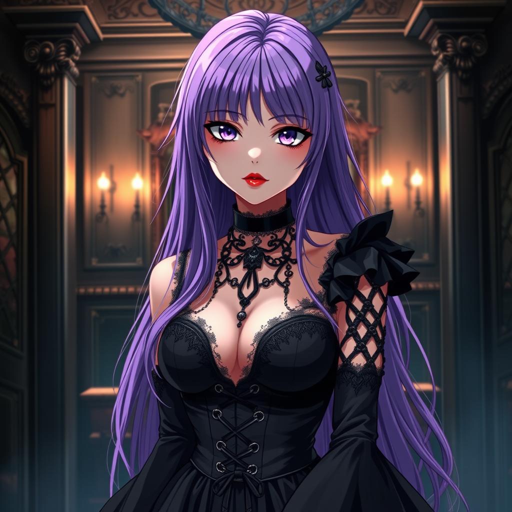 A stunning gothic anime girl with long, flowing purple hair, elegantly attired in a beautiful gothic black dress featuring intricate black sleeves and chains