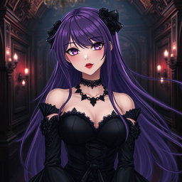 A stunning gothic anime girl with long, flowing purple hair, elegantly attired in a beautiful gothic black dress featuring intricate black sleeves and chains