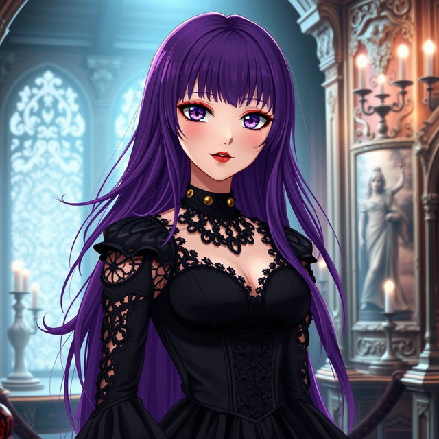 A stunning gothic anime girl with long, flowing purple hair, elegantly attired in a beautiful gothic black dress featuring intricate black sleeves and chains