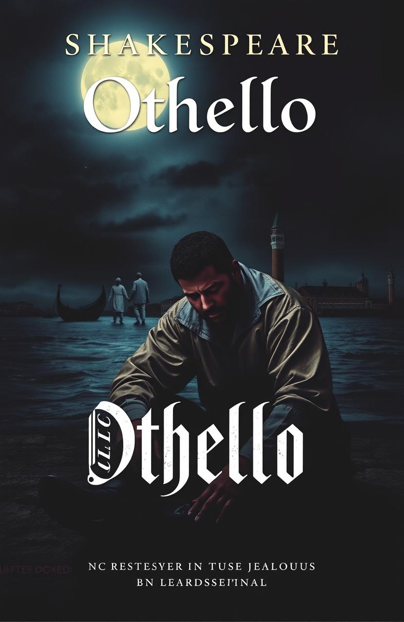 A dramatic cover for Shakespeare's play Othello, depicting Othello in a sorrowful and introspective pose