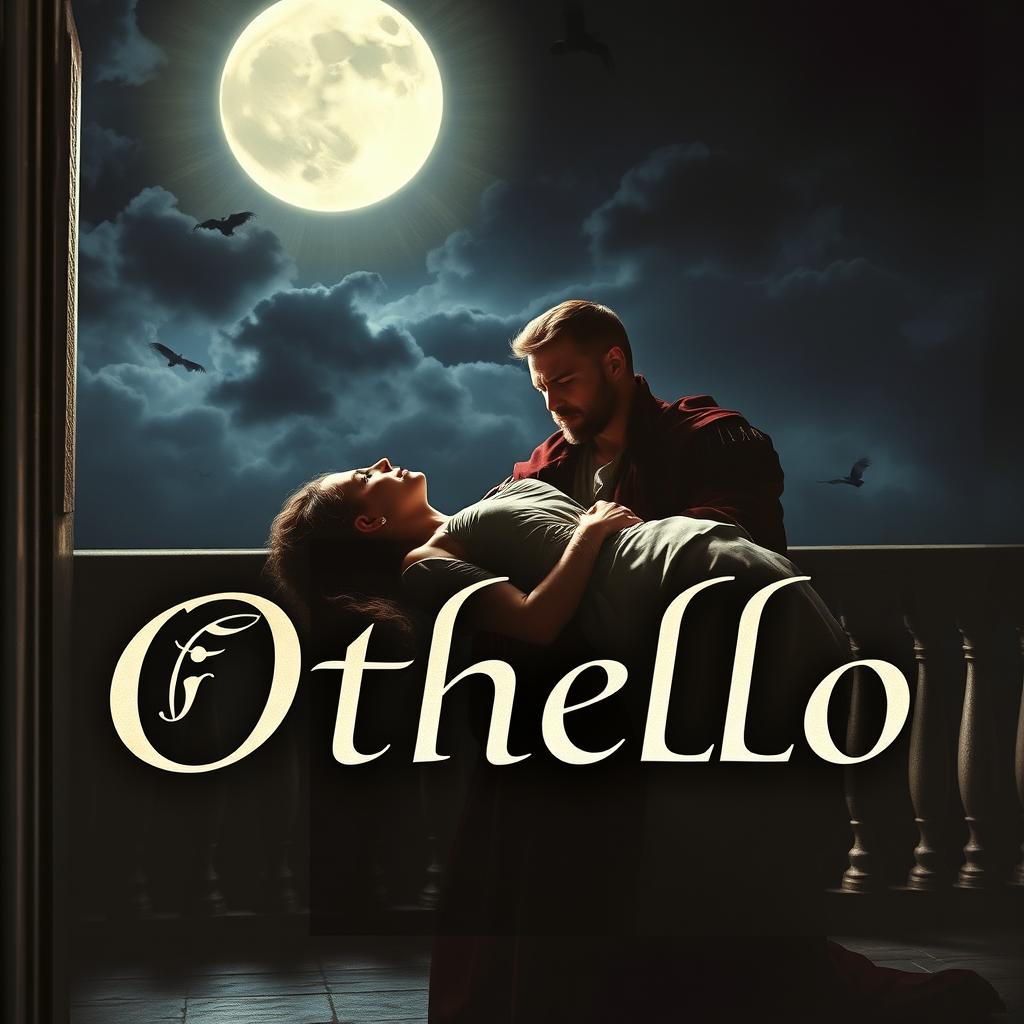 A striking cover for Shakespeare's play Othello, showcasing Othello in deep sorrow, holding the lifeless body of his wife, Desdemona
