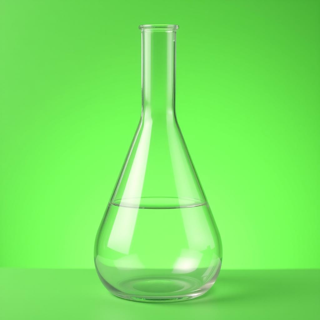 A transparent, two-dimensional laboratory flask set against a vibrant green background