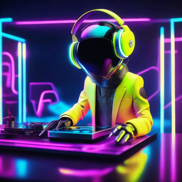 A futuristic DJ figure in a sleek, neon-illuminated suit with a helmet that's reminiscent of but not exactly like Deadmau5's signature mouse head, behind a DJ booth filled with high-tech equipment.