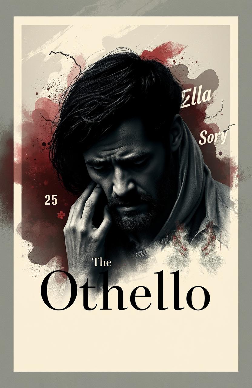 A cover design for the play 'Othello', featuring a sorrowful Othello in deep grief, his facial expression filled with despair
